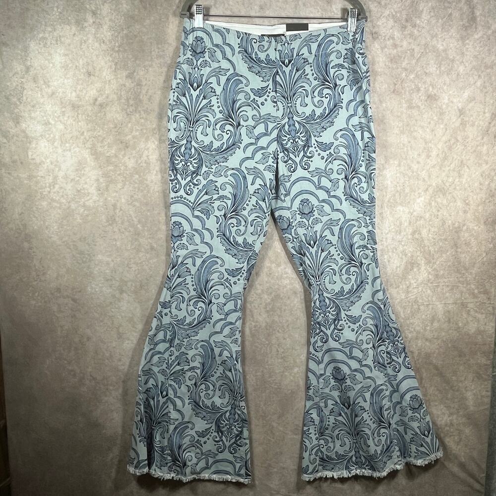 Versona Flared Leg Jeans Womens 12 Blue Floral Denim‎ Frayed Hippy Gypsy Boho